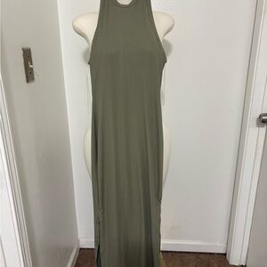 Ribbed Olive Green Sleeveless Maxi Dress